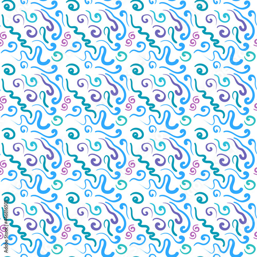 Abstract hand drawn seamless pattern of blue and purple curves. Waves, water, color splashes