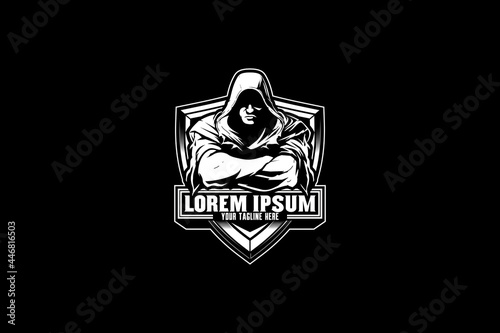 man with hoodie cartoon character black and white color vector logo template