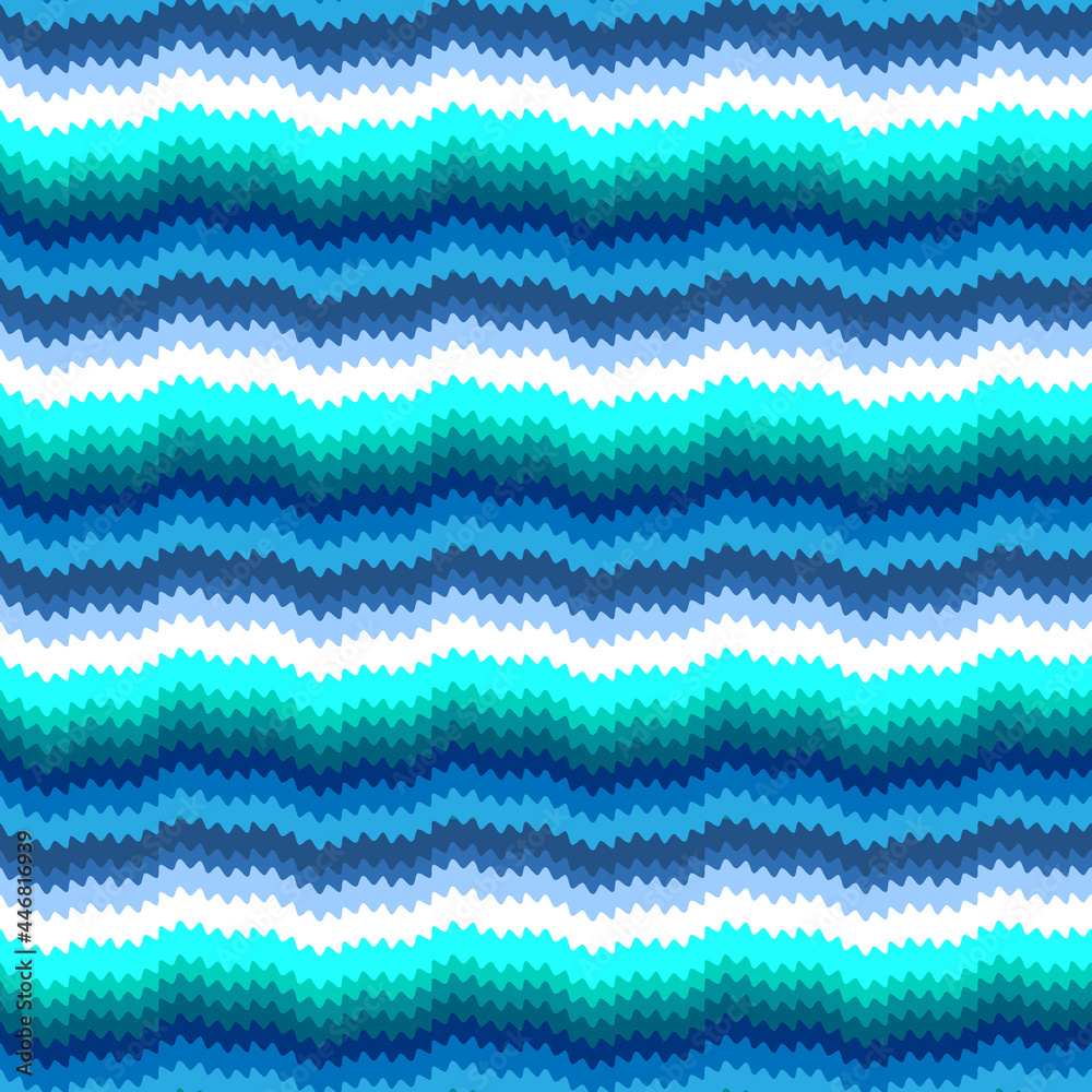 Abstract seamless pattern of blue, turquoise and white horizontal waves. Stilyzed sea waves texture. Textile design