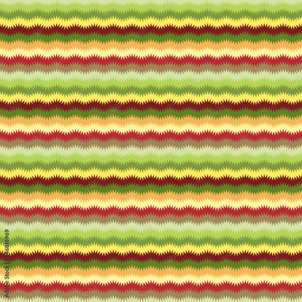 Simple geometric seamless pattern of colorful zigzag stripes of yellow, green and red. Textile design