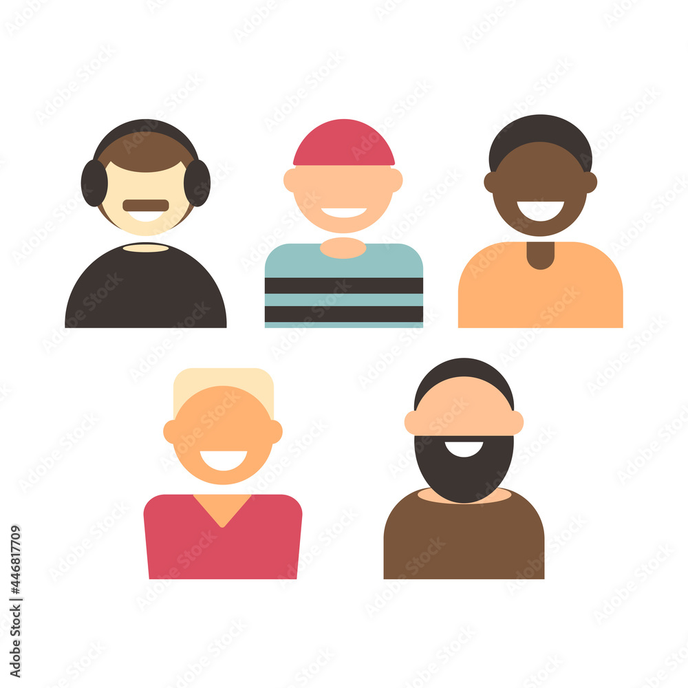 Set of different portrait men with different skin color, hair and hairstyles, isolated on a white background. Vector illustration in flat style Set of different portrait men with different skin color, hair and hairstyles, isolated on a white background. Vector illustration in flat style