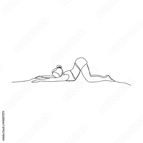 The woman in yoga asana expanded the puppy. One solid line drawing. Yoga, sports, pilates, stretching. Black and white vector isolated drawing.