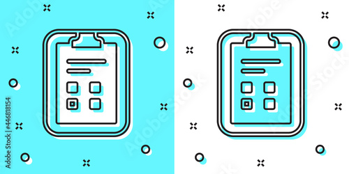 Black line Exam sheet with check mark icon isolated on green and white background. Test paper  exam  or survey concept. School test or exam. Random dynamic shapes. Vector