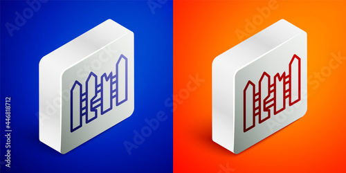 Isometric line Garden fence wooden icon isolated on blue and orange background. Silver square button. Vector