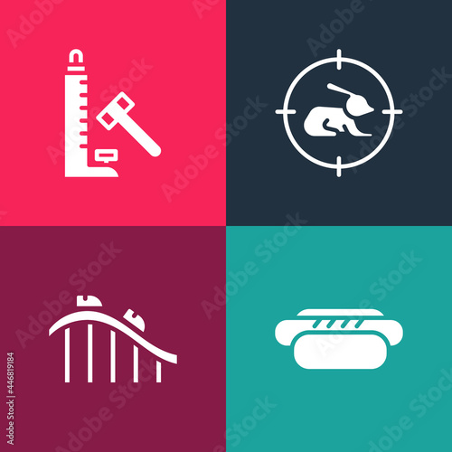 Set pop art Hotdog, Roller coaster, Hunt on rabbit with crosshairs and Striker attraction hammer icon. Vector