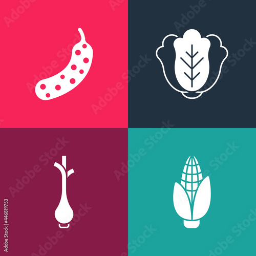 Set pop art Corn, Fresh green onions, Cabbage and cucumber icon. Vector