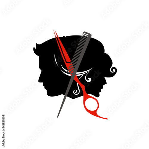 Beauty salon logo icon. Man and woman hairdresser silhouette scissors concept cartoon vector illustration