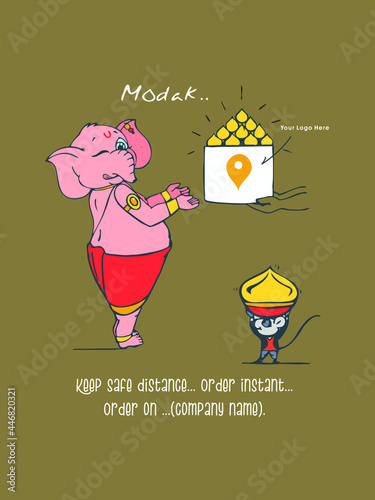 Celebrating Lord Ganesha Festival. A funny cartoon of lord Ganesha spreading the social message for online shopping during this pandemic (corona) time 