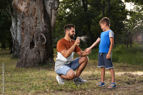 Man applying insect repellent on his son's leg in park. Tick bites prevention