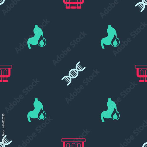 Set Test tube and flask, DNA symbol and Stomach heartburn on seamless pattern. Vector