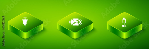 Set Isometric Speedometer, Measuring spoon and Syringe icon. Vector