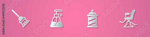Set paper cut Mop, Cream cosmetic tube, Barber shop pole and Barbershop chair icon. Paper art style. Vector