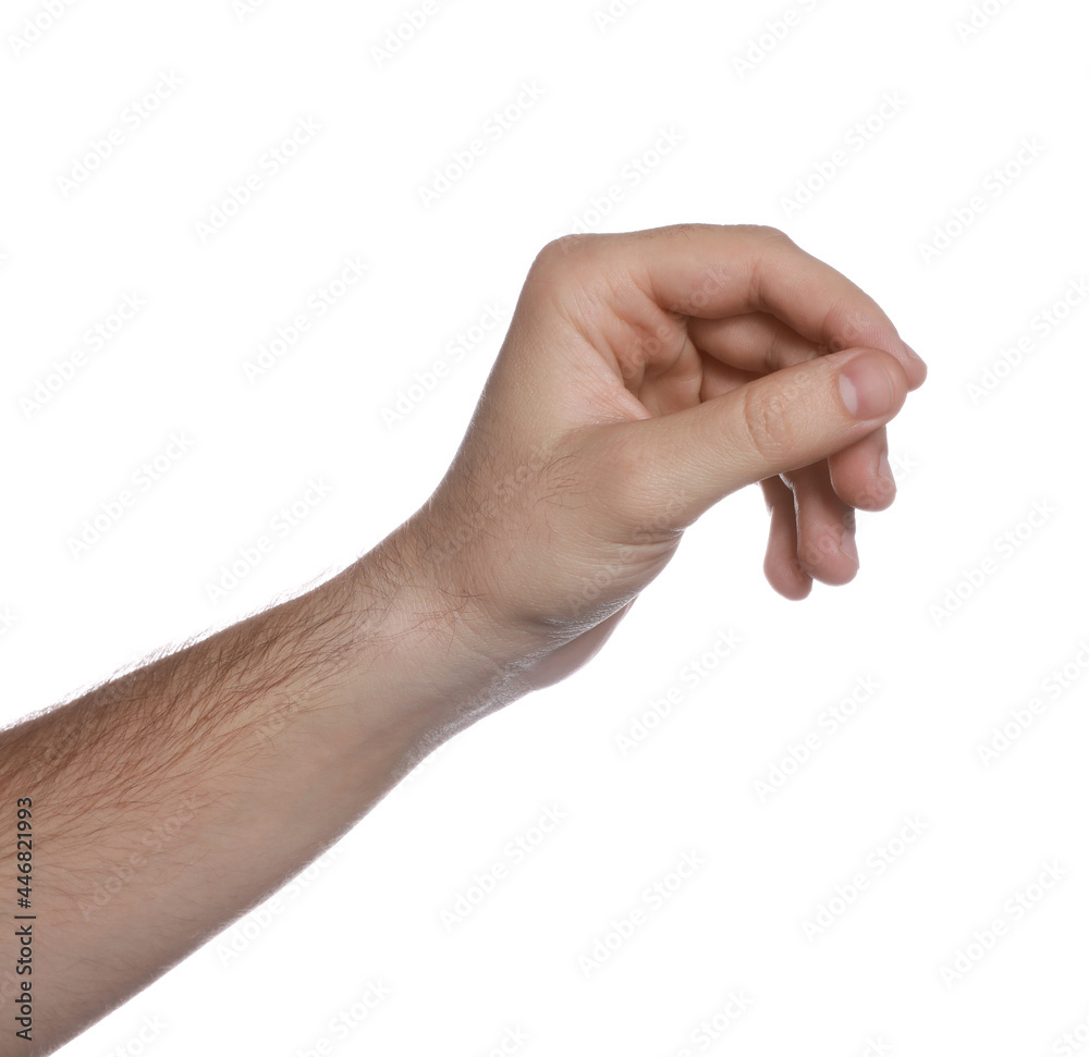 Man holding something on white background, closeup Man holding something on white background, closeup