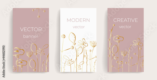 Set of templates with gold flowers for luxury goods. Wedding, birthday, flyer,  beauty salon, spa, restaurant. For social media posts, stories, banners,  business cards, advertisements