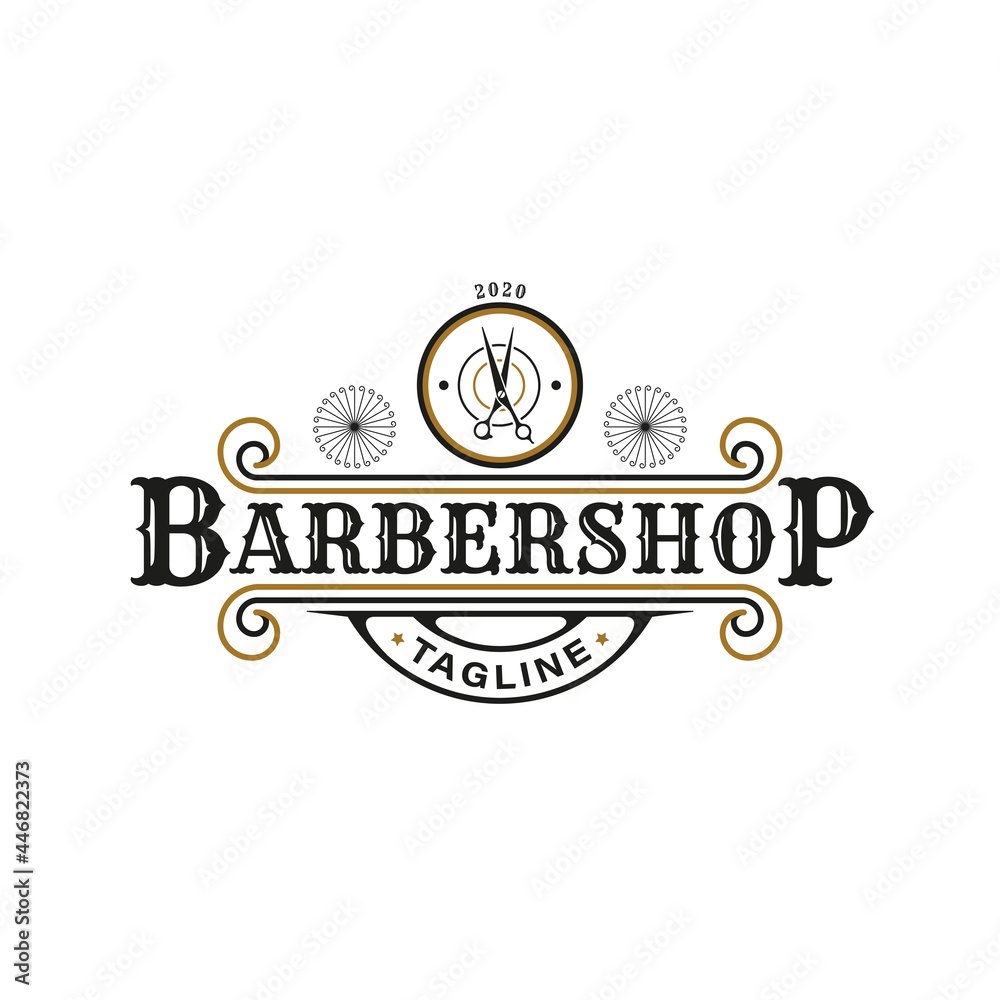 Retro Vintage Style for Barber Shop Logo Design. With scissors icons in  gold, black and white colors. Premium and Luxury Logo Template Stock Vector  | Adobe Stock