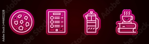 Set line Cookie or biscuit, Coffee menu, French press and cup and book. Glowing neon icon. Vector