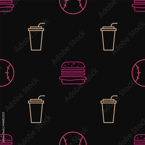 Set line Baseball ball, Paper glass with straw and Burger on seamless pattern. Vector