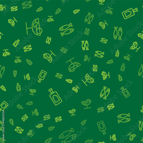 Set line Cocktail, Whiskey bottle and Dried fish on seamless pattern. Vector