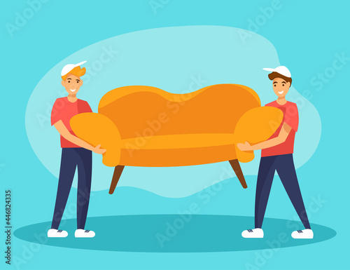 Two deliverymen carrying sofa. Furniture delivery service or relocation concept. Flat cartoon style