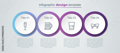 Set line Glass of champagne, Wooden beer mug, vodka and cognac or brandy. Business infographic template. Vector