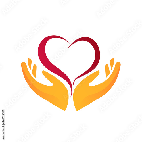 Heart care logo design. Hand holding heart icon cartoon vector illustration on white background