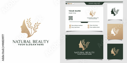 Natural beauty logo with woman face and business card design