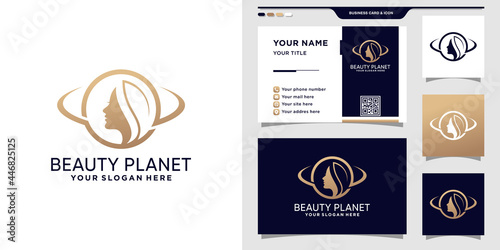 Beauty woman face logo with planet concept and business card design
