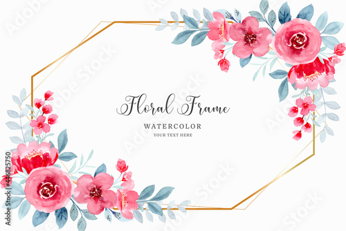 Red floral frame background with watercolor