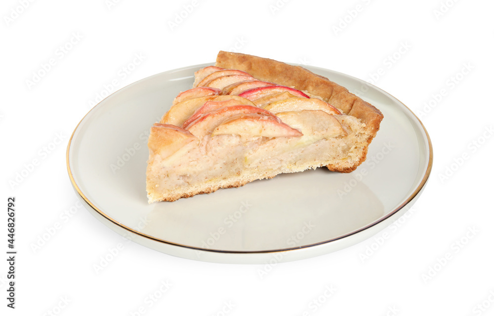 Plate with delicious apple pie isolated on white