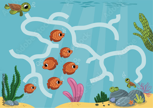 Funny educational maze game for kids with cute sea turtles. Let’s help the mother sea turtle to find her baby. Vector illustration.