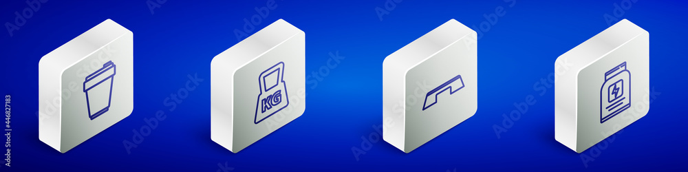 Set Isometric line Fitness shaker, Weight, Step platform and Sports nutrition icon. Vector