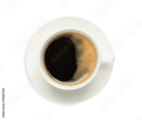 Cup of black aromatic coffee on white background, top view