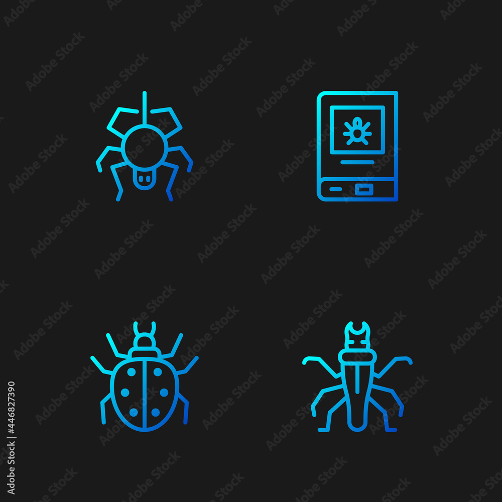 Set line Termite, Mite, Spider and Book about insect. Gradient color icons. Vector Set line Termite, Mite, Spider and Book about insect. Gradient color icons. Vector