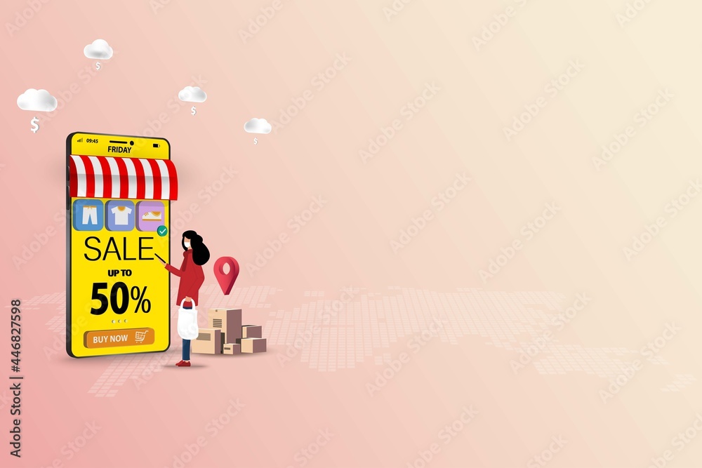 Concept of online shopping, young woman is standing in front of a big smartphone that the display contain list of products and discount rate to order a new shoe in pastel color background.