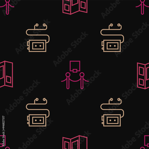 Set line Museum guide brochure, audio and Picture and rope barrier on seamless pattern. Vector