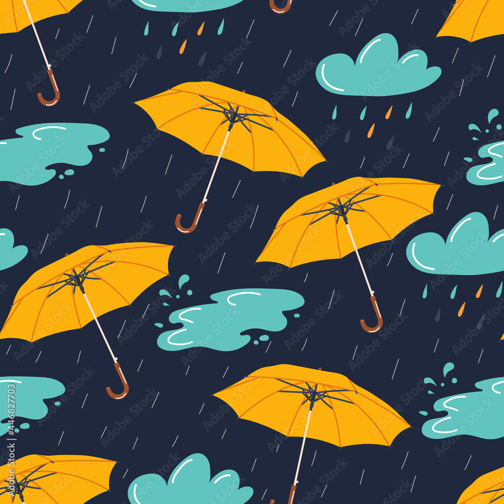 Autumn seamless pattern with rainy weather elements - umbrella, clouds and puddle. Vector illustration. Autumn seamless pattern with rainy weather elements - umbrella, clouds and puddle. Vector illustration.
