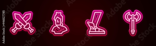 Set line Crossed medieval sword, Ancient bust sculpture, Hermes sandal and Medieval axe. Glowing neon icon. Vector
