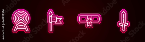 Set line Target with arrow, Medieval spear, Decree, parchment, scroll and sword. Glowing neon icon. Vector