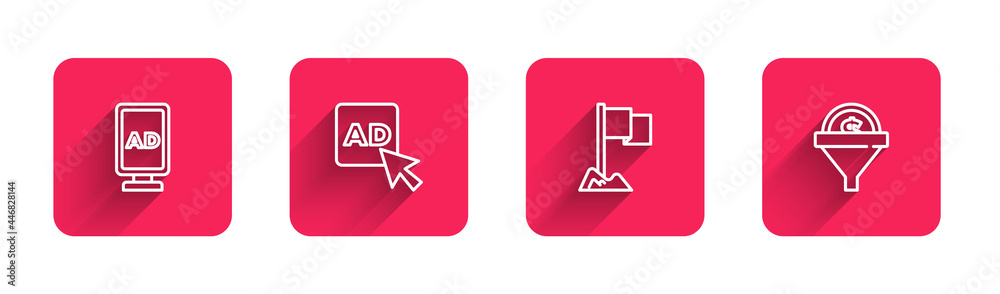 Set line Advertising, , Location marker and Lead management with long shadow. Red square button. Vector
