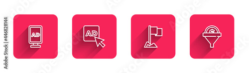 Set line Advertising, , Location marker and Lead management with long shadow. Red square button. Vector