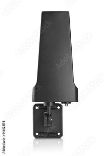 Front vertical view of atachable internal black tv antenna on white background with reflection underneath