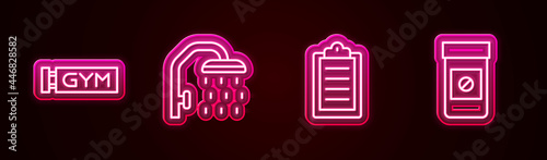 Set line Location gym, Shower head, Sport training program and Anabolic drugs. Glowing neon icon. Vector