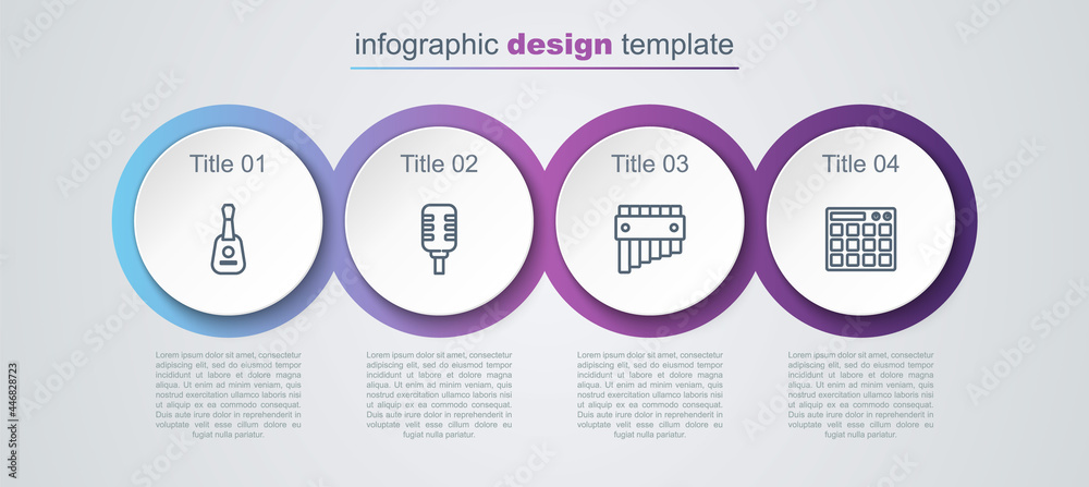 Set line Guitar, Microphone, Pan flute and Drum machine. Business infographic template. Vector