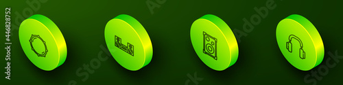 Set Isometric line Dial knob level, Home stereo, Stereo speaker and Headphones icon. Vector