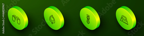 Set Isometric line Flip flops, Toilet urinal or pissoir, Towel on hanger and Brush for cleaning icon. Vector