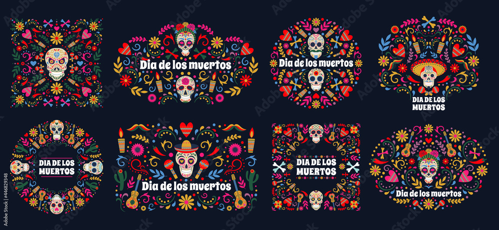 Dia de Los muertos banners. Day of the dead mexican sugar human head bones and flowers vector background set. Mexican dead day holiday cards
