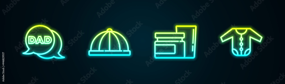 Set line Speech bubble dad, Baby hat, food and clothes. Glowing neon icon. Vector Set line Speech bubble dad, Baby hat, food and clothes. Glowing neon icon. Vector