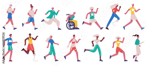 Jogging characters. Running female and male people, sprinting, jogging and jumping men and women isolated vector illustration set. Runners athletes characters