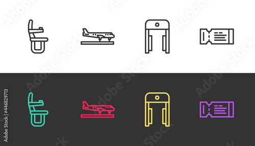 Set line Airplane seat, Plane, Metal detector in airport and Airline ticket on black and white. Vector