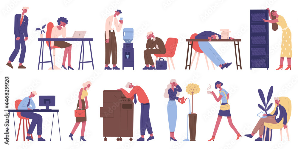 Exhausted business characters. Tired male and female business people, exhausted office workers and depressed persons vector illustration set. Tired people